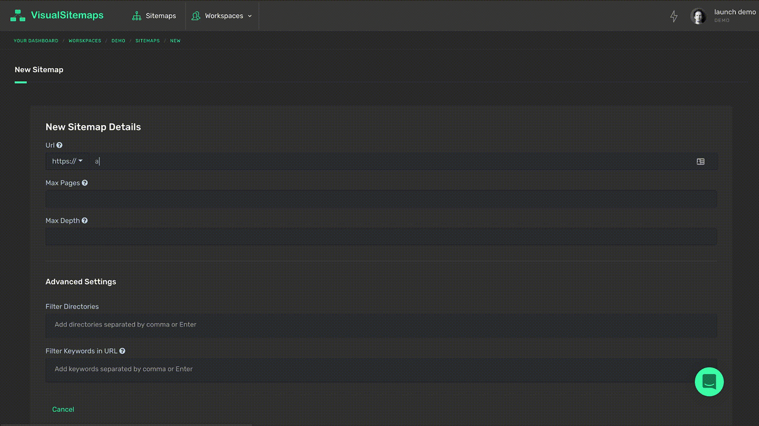 VisualSitemaps - New Crawl Form + Settings