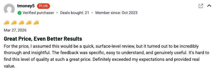 Professional review testimonial from a verified AppSumo customer