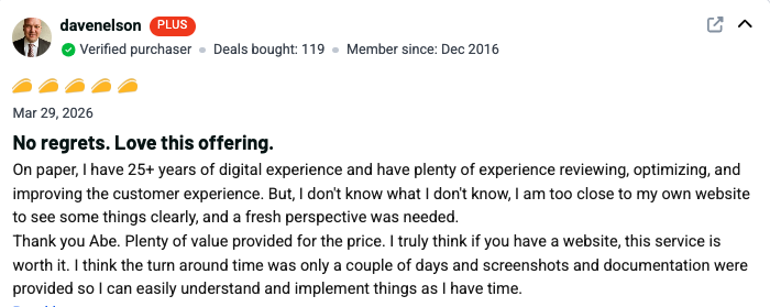 Professional review testimonial from a verified AppSumo customer