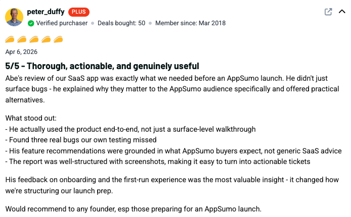 Professional review testimonial from a verified AppSumo customer