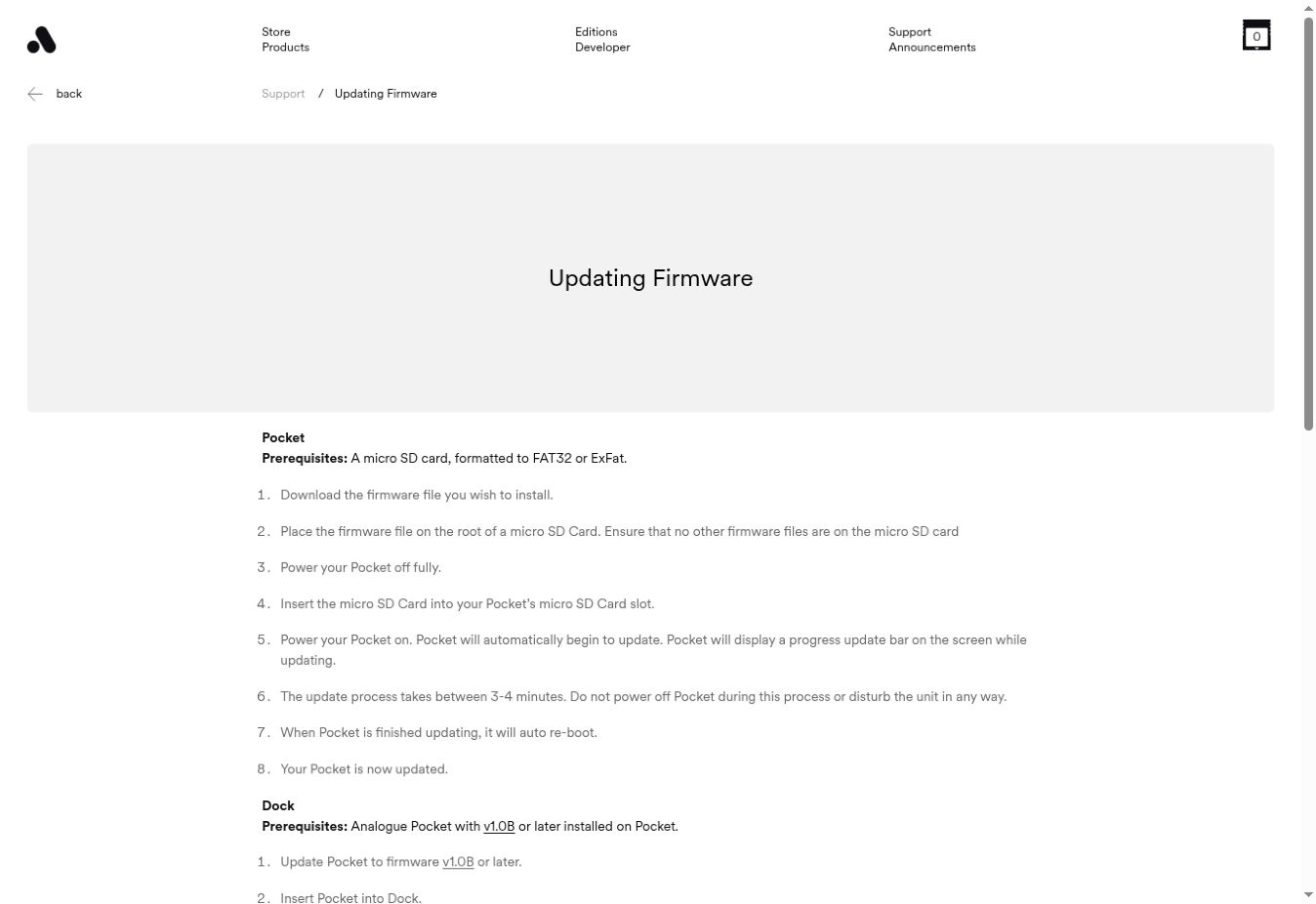 Official Analogue support page listing FAT32 or exFAT as the microSD card requirement