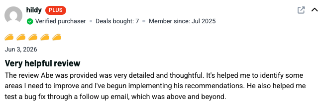 Professional review testimonial from a verified AppSumo customer