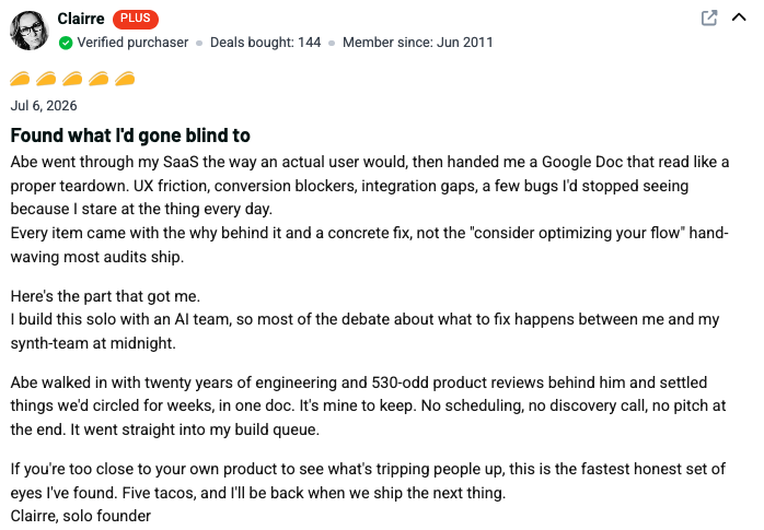 Professional review testimonial from a verified AppSumo customer