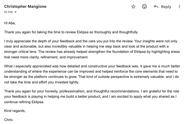 Email from a client about the professional review of Eklipsa